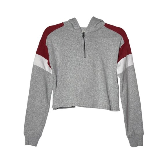 American Eagle Cropped Quarter Zip Hoodie Colorblock Gray White Red Size XXS - Picture 2 of 8